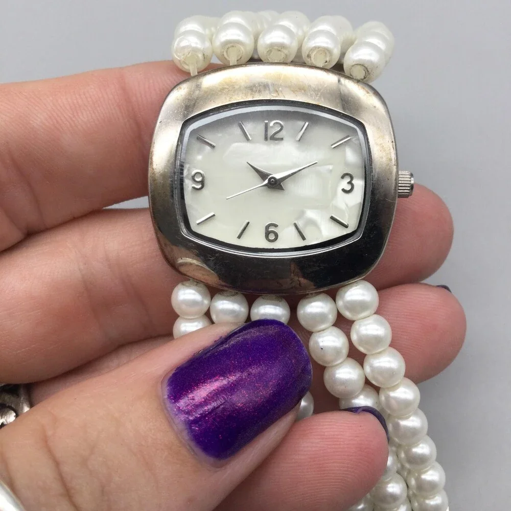 TCZ Womens Watch 31mm White MOP Dial Faux Pearl Band New Battery 7.25